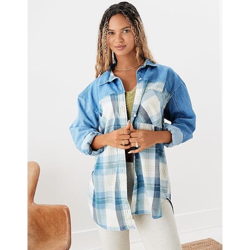 NWOT American Eagle Mix Denim Plaid Contrast Button Shirt Blue & Cream Size XS